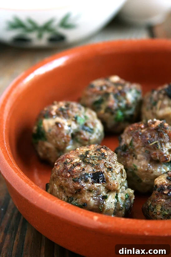 Finished lamb meatballs with mint, parsley, and vinegar, served on a small plate. A small plate showcasing broiled lamb meatballs, generously garnished with fresh mint and parsley, and a light drizzle of vinegar.