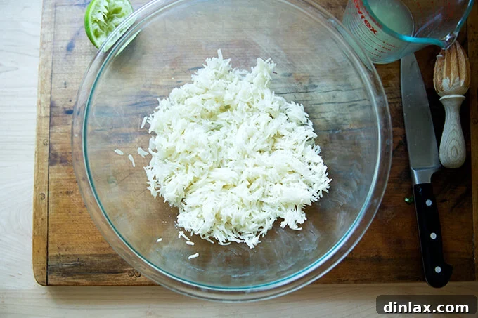 A bowl of day-old basmati rice, freshly dressed with lime juice and a sprinkle of salt, awaiting the infusion of aromatic spices.