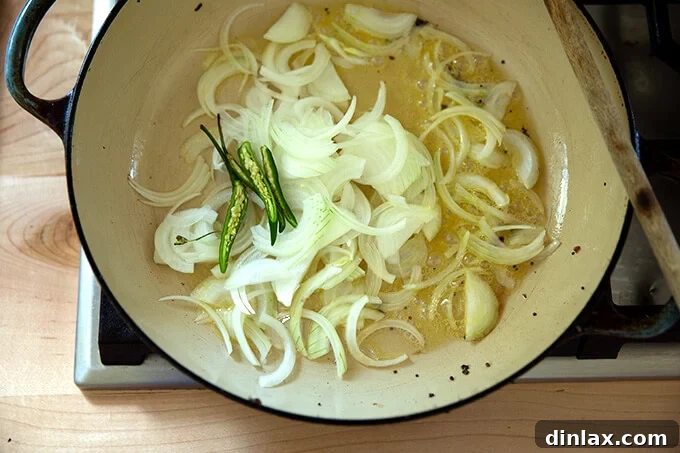 Thinly sliced yellow onions and halved hot chilies sizzling in a braiser pan with more ghee, beginning their journey to caramelization.