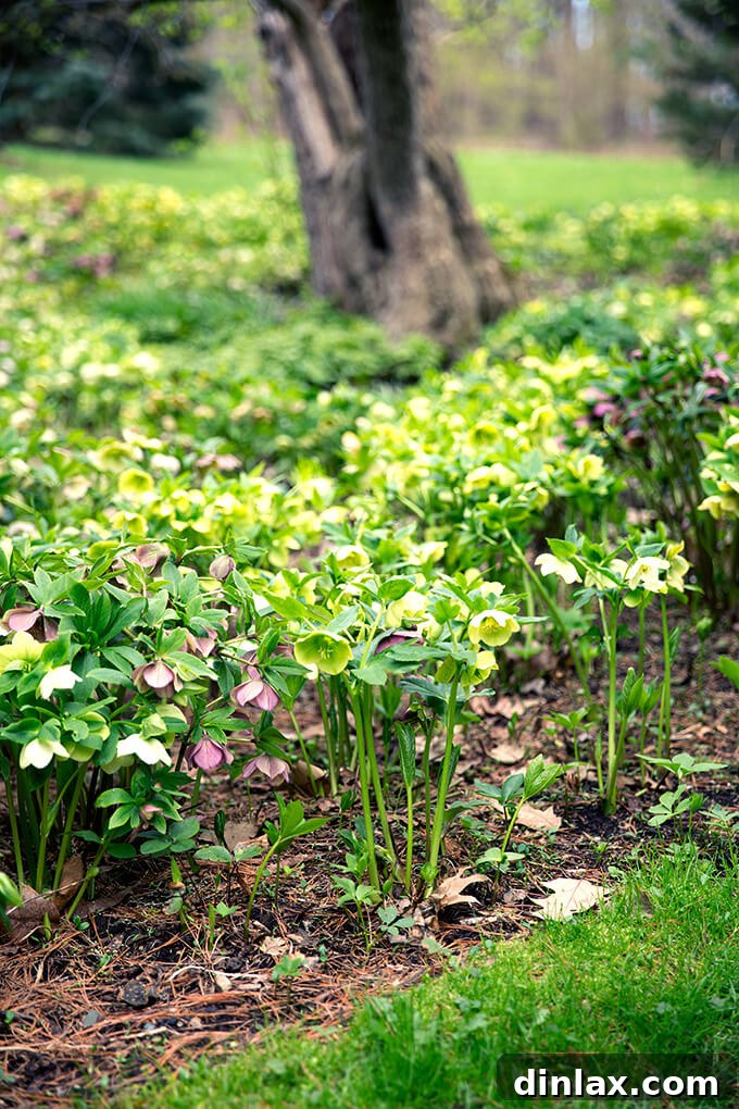 A sea of hellebores blooming vibrantly in Margaret Roach's garden, signaling early spring.