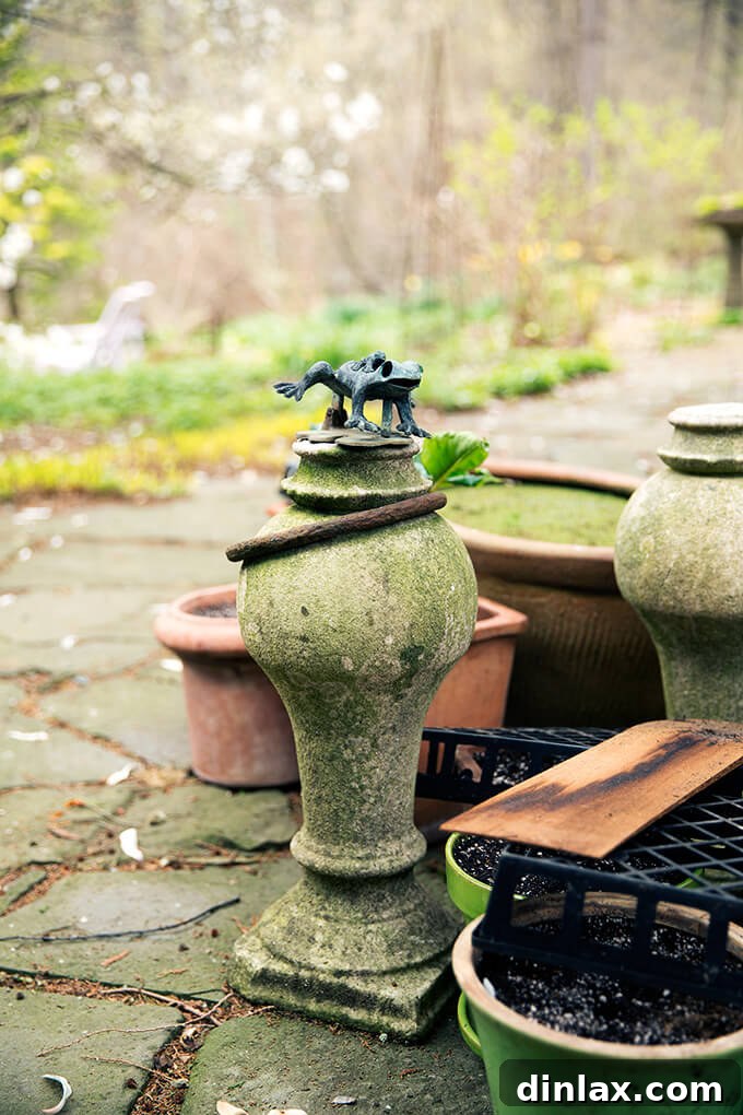 A charming frog figurine nestled amongst the foliage in Margaret Roach's whimsical garden.