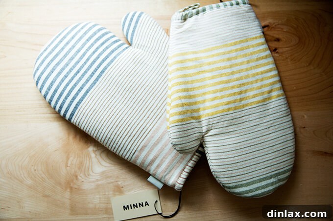 A pair of beautifully designed, patterned MINNA oven mitts, showcasing their artisanal quality.