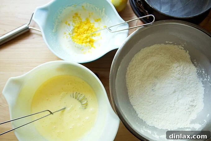 Creamy Rhubarb Dream Cake 3 The three essential components for rhubarb-custard cake batter, neatly prepared in separate bowls, ready for combining.