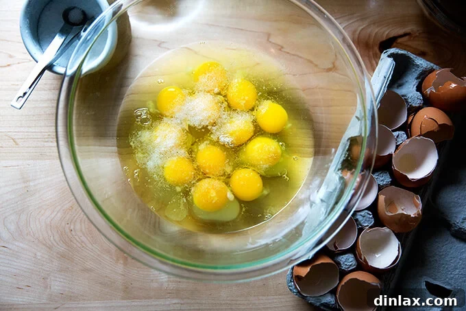 Twelve fresh eggs cracked into a bowl with kosher salt, poised and ready to be whisked into a creamy base.