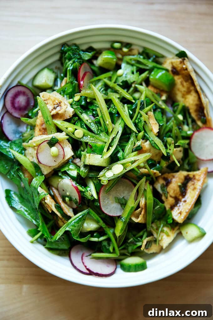 Vibrant Spring Fattoush 2 A vibrant bowl filled with a fresh spring fattoush salad, featuring crisp arugula, sliced radishes, tender snap peas, and refreshing cucumbers, ready to be enjoyed.