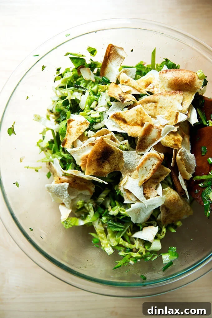 Vibrant Spring Fattoush 11 A hearty spring Fattoush salad, featuring a mix of crisp greens, colorful vegetables, and aromatic herbs, with the golden-brown crispy pita chips just added on top.