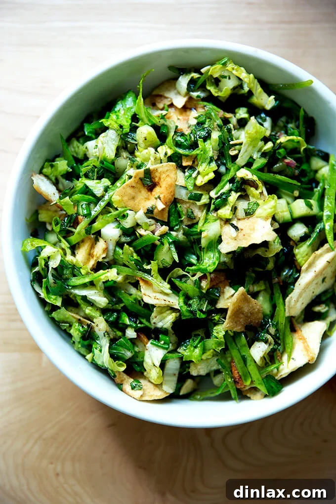 Vibrant Spring Fattoush 14 A close-up of a finished bowl of spring Fattoush salad, highlighting the crispy pita chips, fresh greens, and a medley of colorful spring vegetables, glistening with the flavorful dressing.
