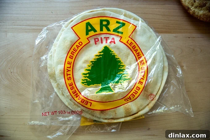 Vibrant Spring Fattoush 4 A bag of thin ARZ pita bread, imported from Montreal, resting on a counter.