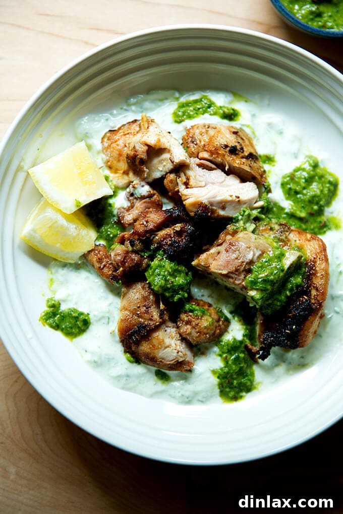 A vibrant platter featuring smoky grilled chicken, a creamy cucumber-yogurt sauce, bright green skhug, and fresh lemon wedges, ideal for a summer meal.