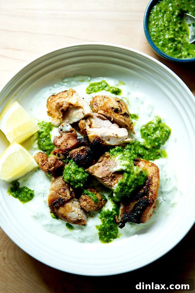 A stunning platter featuring expertly grilled, smoky chicken, a smooth cucumber-yogurt sauce, a drizzle of vibrant skhug, and fresh lemon for garnish.