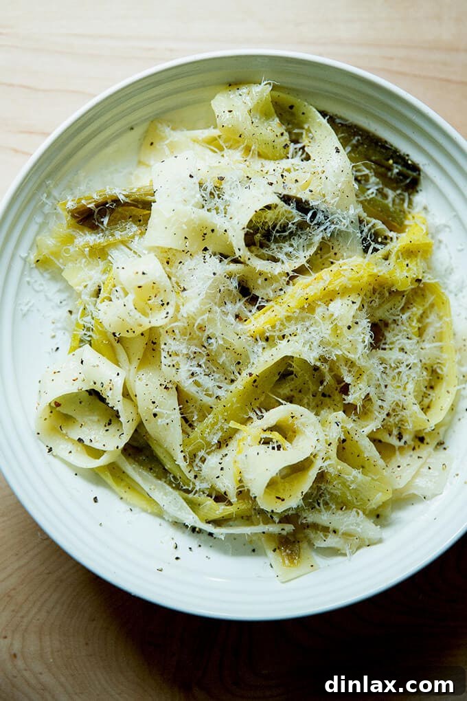 A close-up of a delightful bowl of braised leek pappardelle, garnished with freshly grated Parmesan and a fork, inviting a first taste.