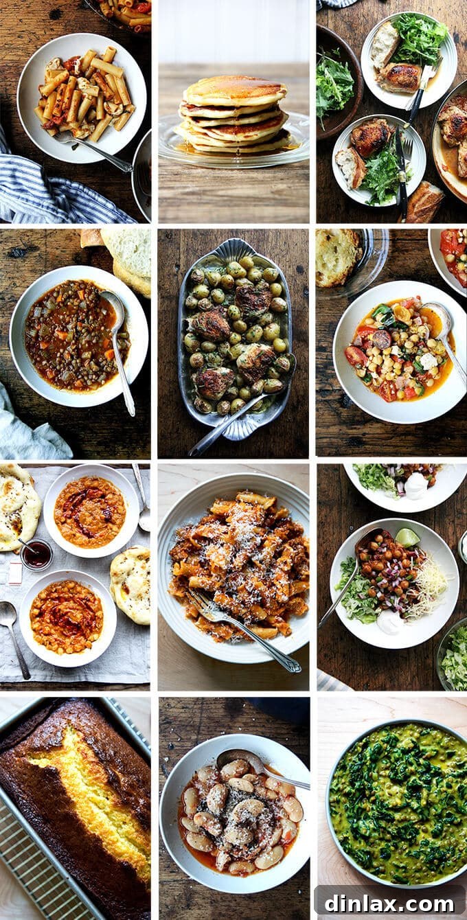 A vibrant montage of various one-pot, one-pan, and one-bowl recipes, showcasing dishes like baked ziti, lentil soup, chicken with vegetables, and a delicious pound cake, all emphasizing the ease and convenience of single-vessel cooking.