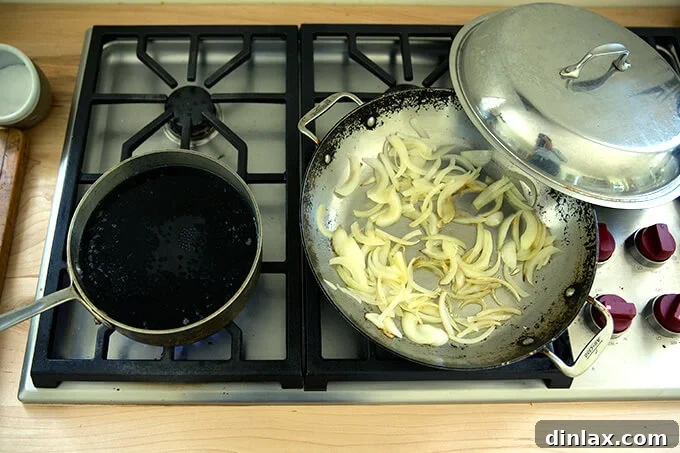 Irresistible Black Lentil and Spinach Delight 6 A stovetop with a pot of black lentils simmering and a skillet with onions gently sauteing.