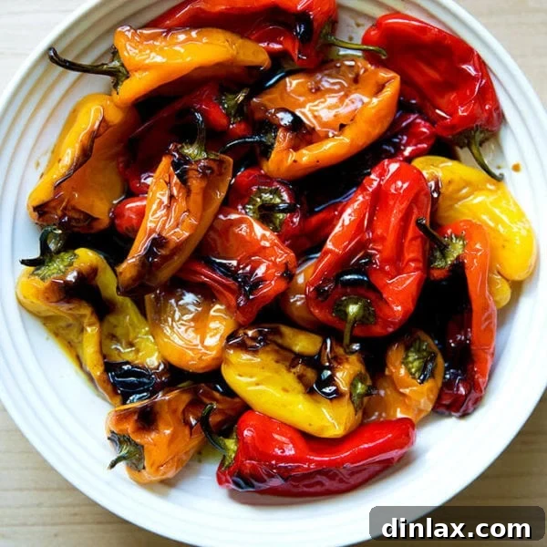 Bowl of just-roasted balsamic mini peppers, ready for serving.