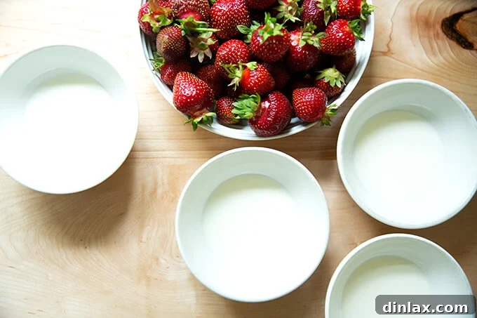 Four pristine white bowls, each meticulously prepared with a precise two-tablespoon serving of fresh, chilled cream, awaiting the addition of vibrant berries.