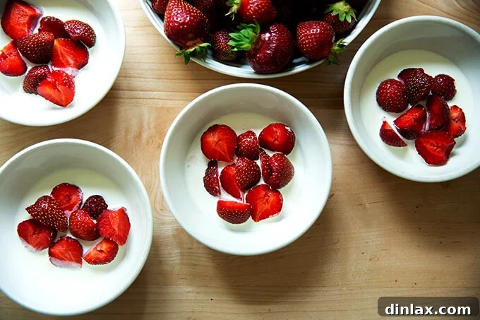 Four bowls, now beautifully adorned with a generous portion of fresh, sliced strawberries, glistening atop the bed of rich cream, showcasing a vibrant and inviting composition.