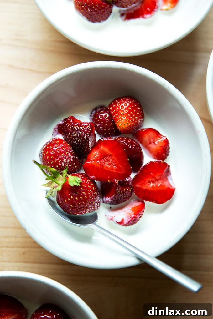 A close-up of a single bowl showcasing perfectly arranged strawberries, glistening with a subtle sprinkle of sugar, nestled elegantly atop a bed of rich, white cream, ready to be enjoyed.
