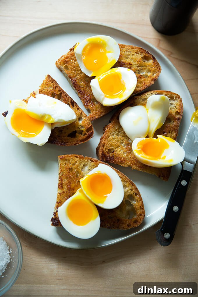 Jammy Eggs & Tangy Olive Oil Toast 9 Halved soft-boiled eggs on vinaigrette toast.