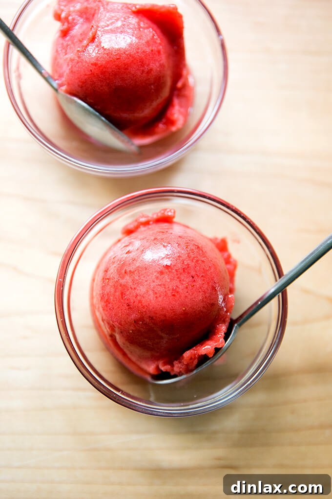 Refreshing Strawberry Sorbet Nestled in Buttery Almond Butterscotch Cookie Cups 12 A simple bowl of delicious strawberry sorbet, ready to be enjoyed.
