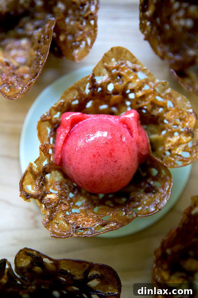 Refreshing Strawberry Sorbet Nestled in Buttery Almond Butterscotch Cookie Cups 17 A beautiful serving of strawberry sorbet presented in an almond butterscotch cookie cup.