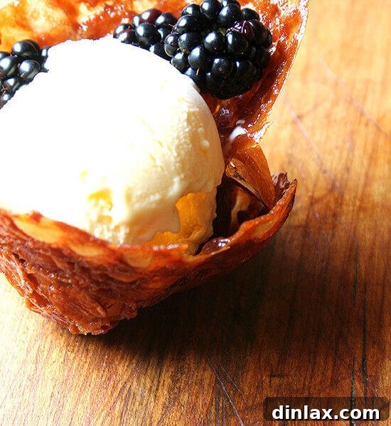 Homemade Créme Fraîche Ice Cream in an almond butterscotch cookie cup.