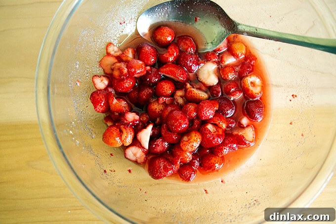 Refreshing Strawberry Sorbet Nestled in Buttery Almond Butterscotch Cookie Cups 6 Strawberries macerating in their own syrup after sitting with sugar.