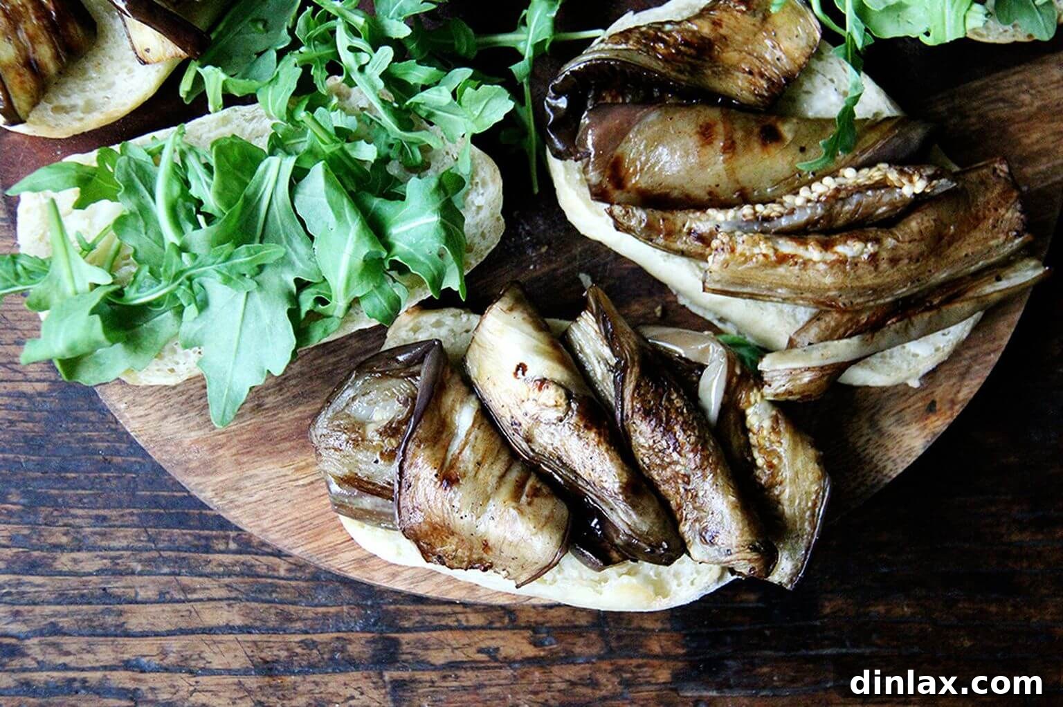 Grilled Eggplant and Arugula Sandwiches 6 an open eggplant and arugula sandwich