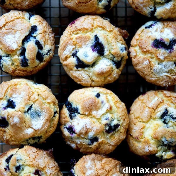 An overhead shot of a dozen blueberry muffins on a cooling rack.