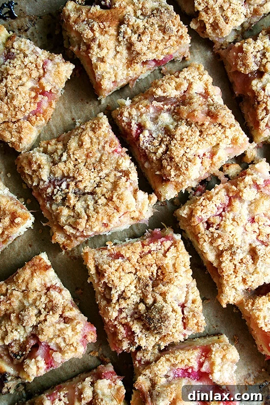 Close-up of a slice of rhubarb buckle, showing the fruit layer and crumb