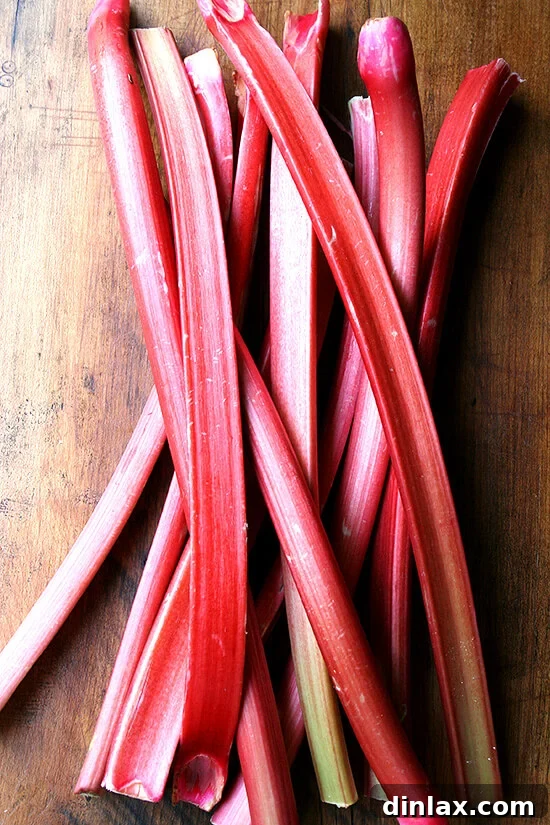 Freshly chopped rhubarb stalks, ready for baking