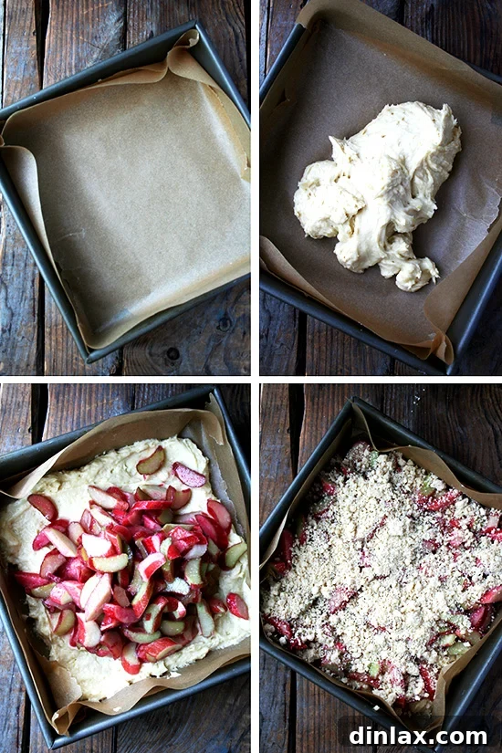 Assembling the rhubarb buckle layers in a baking dish