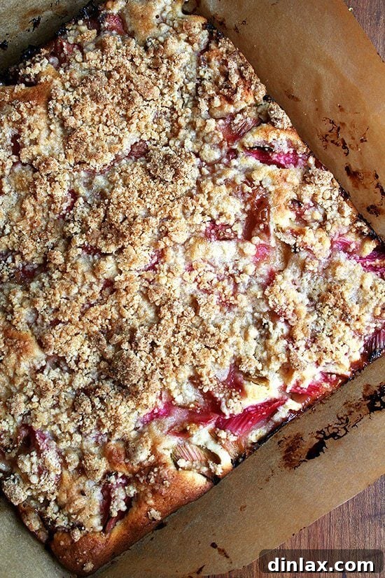 A finished rhubarb buckle with a rustic appeal