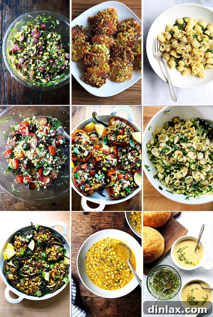 Cultivating Conversations: Margaret Roach on Tomatoes, Corn, and Zucchini 5 A tantalizing montage of corn dishes, including vibrant salads, creamy polenta, and crispy fritters, highlighting corn's diverse uses.