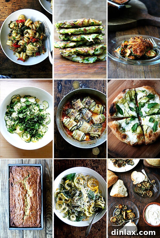 Cultivating Conversations: Margaret Roach on Tomatoes, Corn, and Zucchini 6 A collection of diverse zucchini dishes, from savory pasta to crispy fritters and sweet zucchini bread, demonstrating its culinary range.
