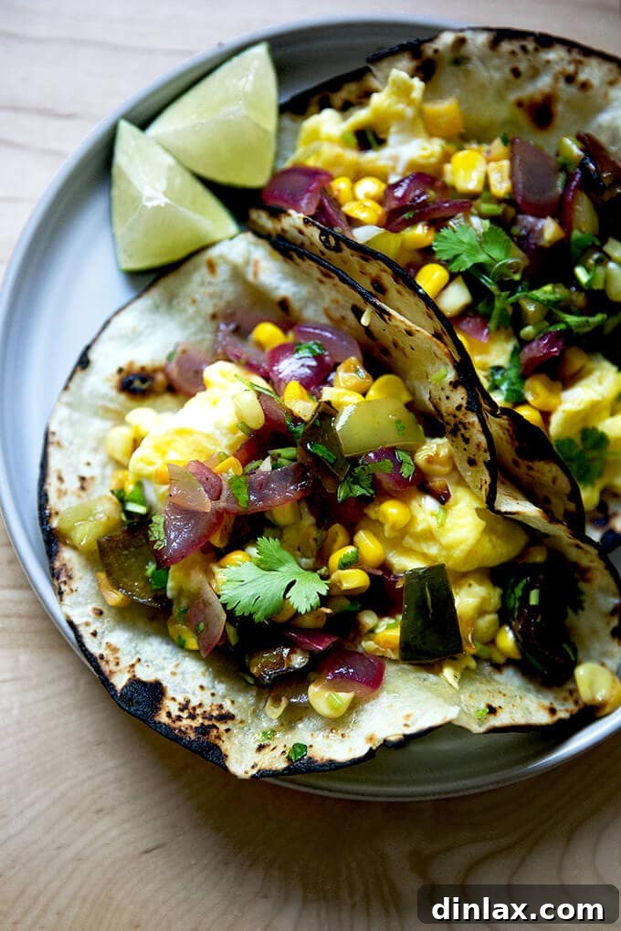 A plate of an egg taco topped with vibrant roasted vegetable salsa.