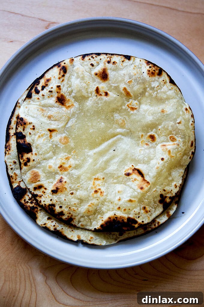 A plate featuring two perfectly charred Caramelo tortillas, ready for filling.