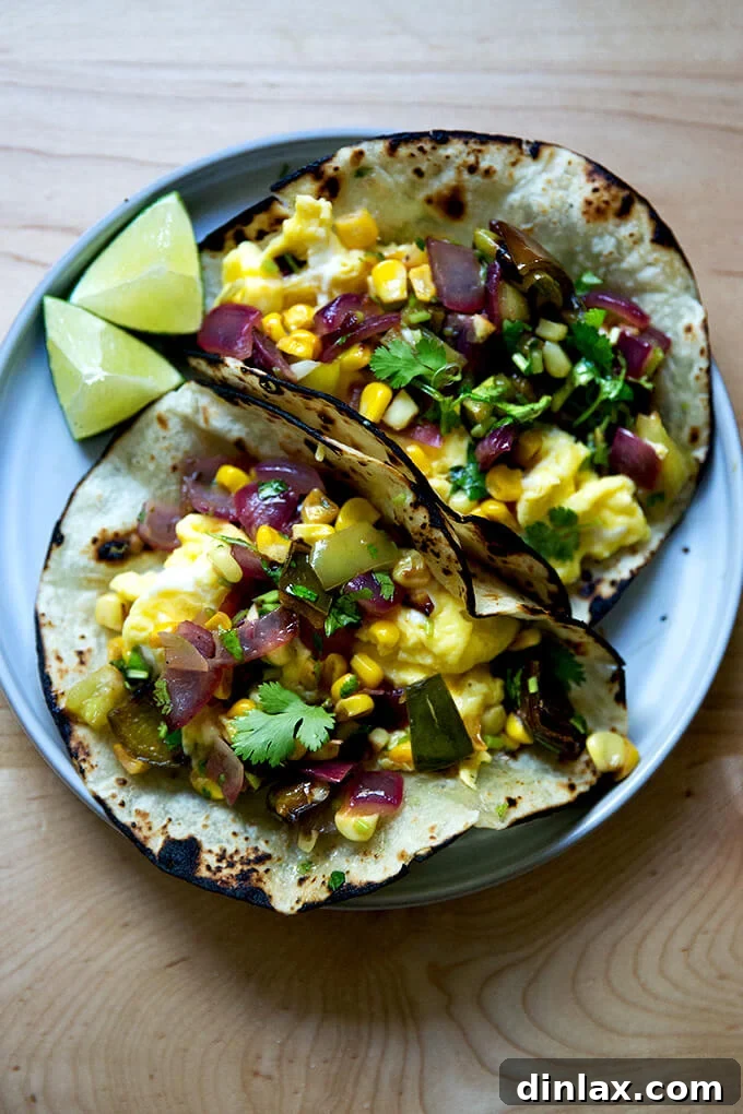 A tantalizing plate of two egg tacos, generously topped with fresh, roasted vegetable salsa.