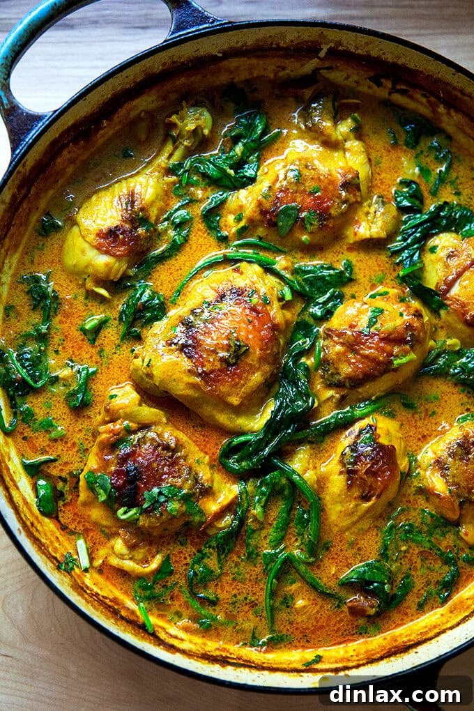 one-pot Thai chicken curry with coconut milk and spinach.