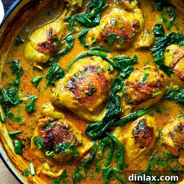 one-pot Thai chicken curry with coconut milk and spinach.