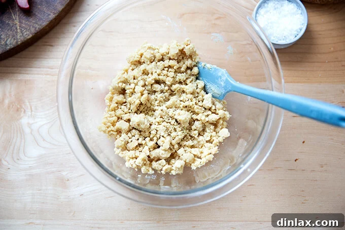 A close-up shot of the just-mixed crumb topping in a medium bowl, exhibiting its sandy, buttery texture with distinct bits of brown sugar and flour, ready to be sprinkled.