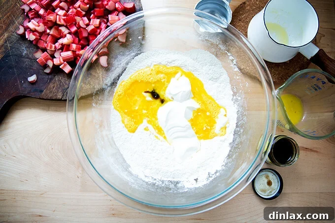 Adding the wet ingredients, including creamy sour cream, golden melted butter, well-beaten eggs, and aromatic vanilla extract, into the bowl of dry ingredients.