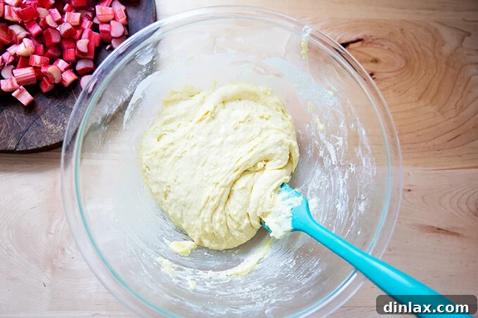 A smooth, light yellow batter for the rhubarb buckle, perfectly mixed and ready for the fruit, resting in a large mixing bowl.