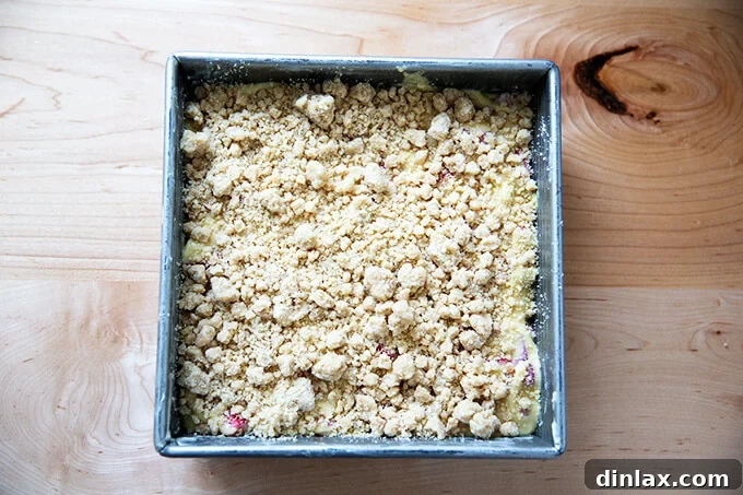 Generously sprinkling the chilled crumb topping over the rhubarb buckle batter in the pan, creating an even layer of buttery sweetness before baking.