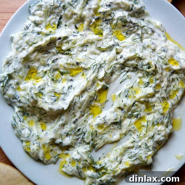 A platter of tzatziki, drizzled with olive oil aside pita.