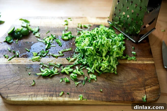 Coarsely grated cucumber on a cutting board, prepared for the draining process.