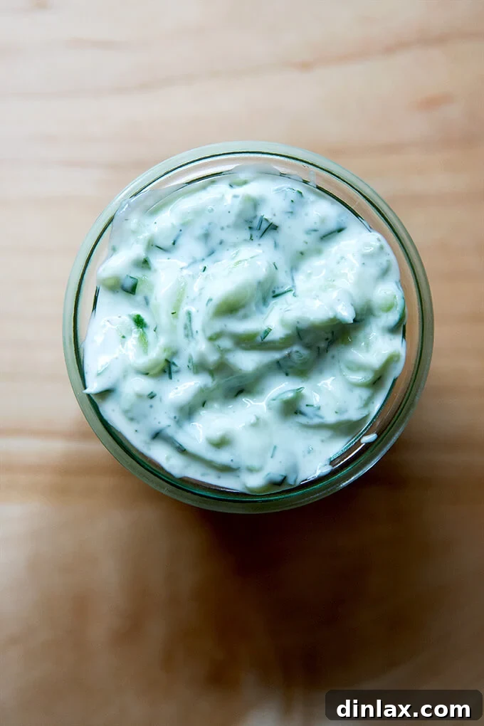 A close-up view of tzatziki in a stylish glass jar, highlighting its fresh ingredients and inviting texture, perfect for sharing.