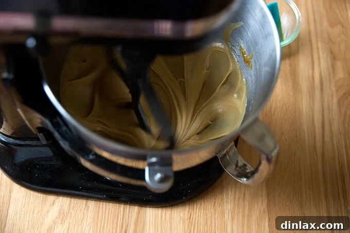 Decadent Gluten-Free Chocolate Chip Cookies 13 A stand mixer featuring perfectly whisked wet ingredients for gluten-free chocolate chip cookies, showcasing a light and fluffy texture.