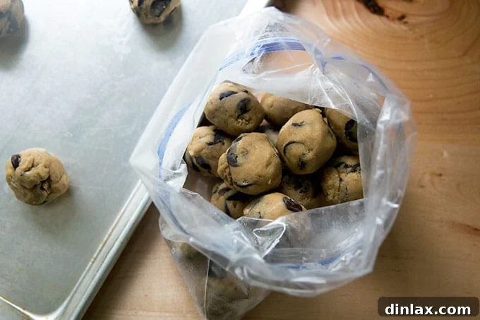 Decadent Gluten-Free Chocolate Chip Cookies 7 Gluten-free cookie dough balls stored in a freezer bag, showcasing the convenience and effectiveness of freezing dough for later baking.