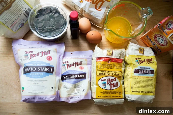 Decadent Gluten-Free Chocolate Chip Cookies 10 All the essential ingredients for making perfect gluten-free chocolate chip cookies, neatly arranged on a countertop.