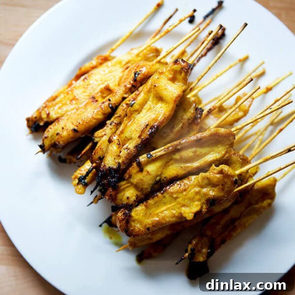 A plate of easy Thai chicken satay, garnished with fresh cilantro and a wedge of lime, served alongside a bowl of steaming coconut rice.